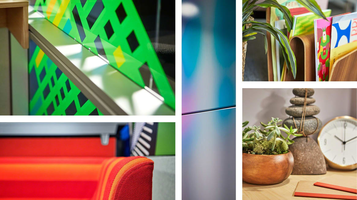 Collage of inspiring spaces, we can see a clock, plants, magazines, red sofa, a glass wall.