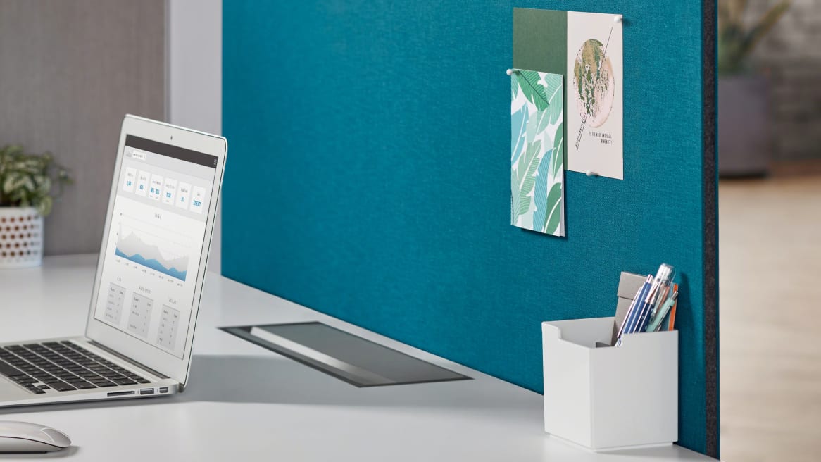 Blue Universal Privacy Modesty Screen, MAC laptop on a white desk