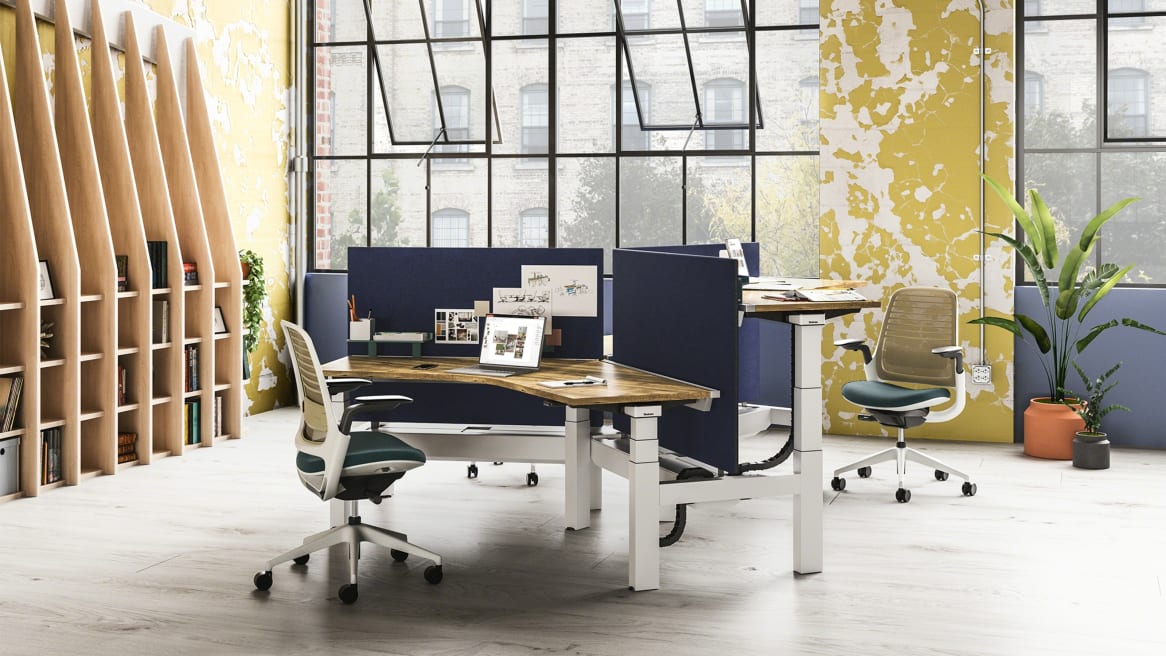 A group of workstations created with Ology height adjustable benches, blue Universal Center Screens, and Steelcase Series 1 desk chairs