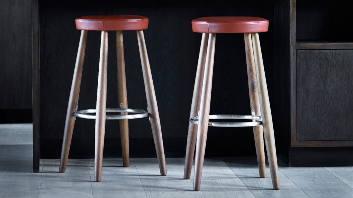 Two Carl Hansen & Son CH56 CH58 stools with wood legs and red upholstery