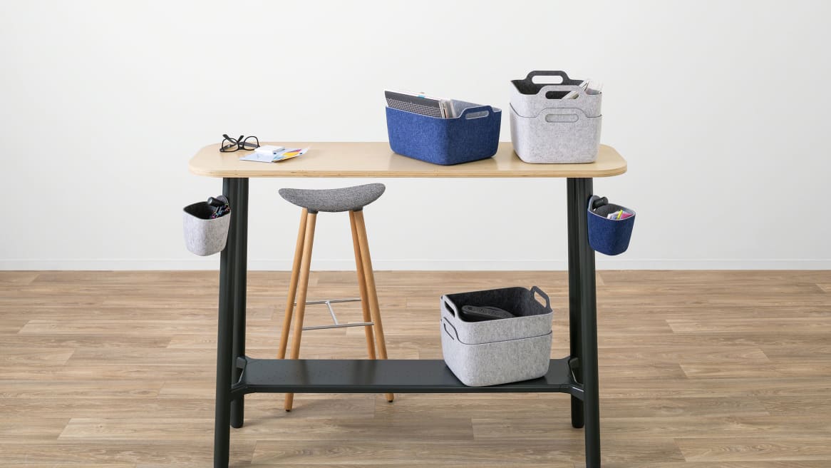 A Steelcase Flex Slim Table shown with Flex Accessories and an Enea cafe stool