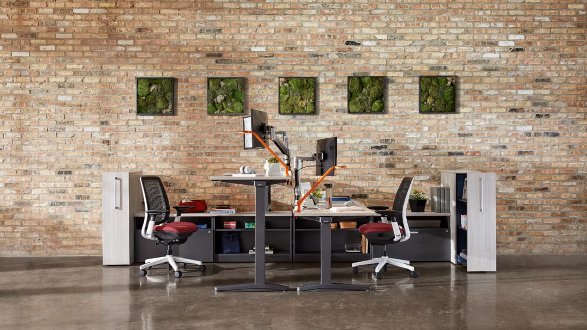 Two workstations with Ology height adjustable desks, Amia Air desk chairs, Currency storage, and Dash Mini desk lamps