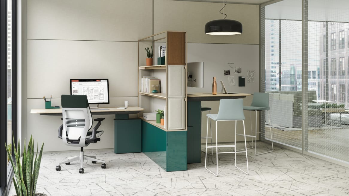 Mackinac worksurfaces used to create an individual workstation with Gesture chair and a meeting area with Montara650 stools