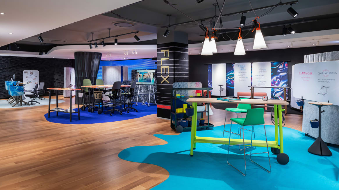 A collection of products from the Steelcase Flex Collection on display during NeoCon 2019