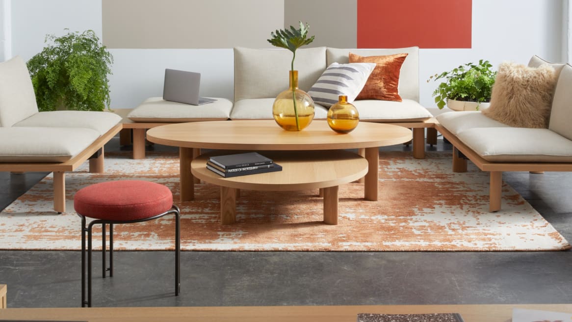 Office lounge setting with West Elm Work Boardwalk lounge seating