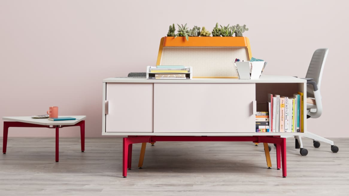 Side view of desk with storage credenza