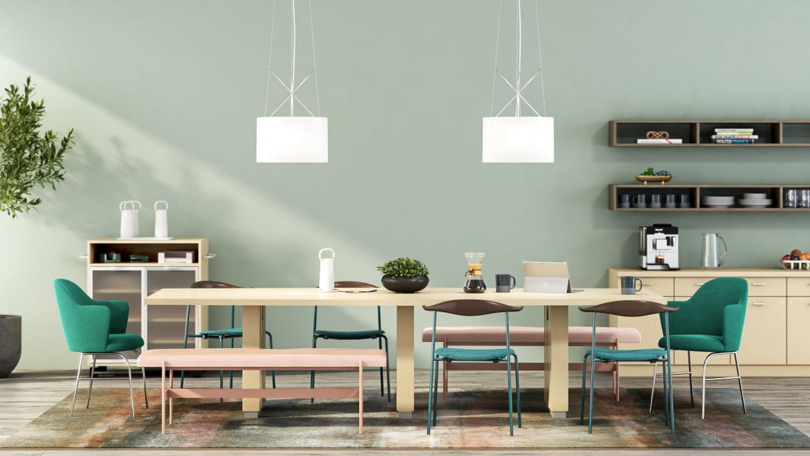 Work Café space equipped with wooden Convene Table, Convene Credenza, Convene Media Cart, Viccarbe Aleta Chairs, Bludot Daybench and Elective Elements Organizer.