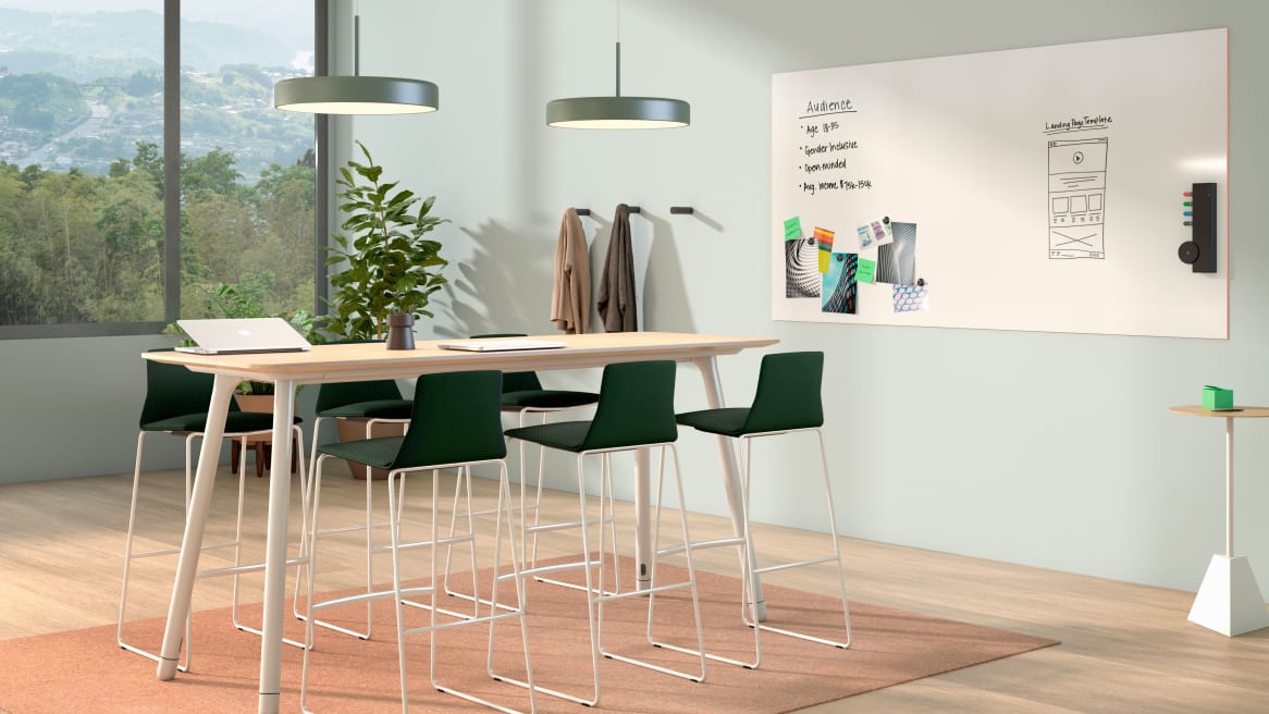 Rendering of creative space with a white Sans Light whiteboard on the wall, green stools and a Potrero415 High Table.