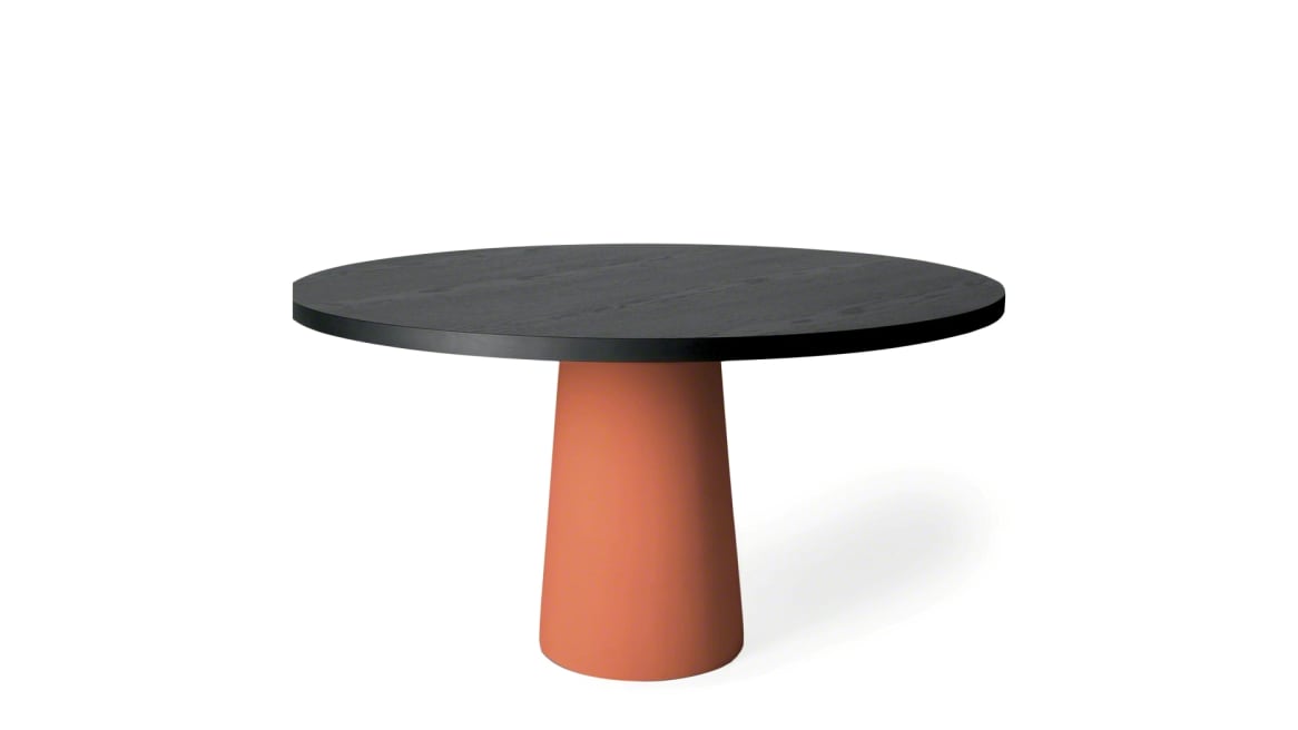 on-white image of a short Moooi table with round surface and orange base
