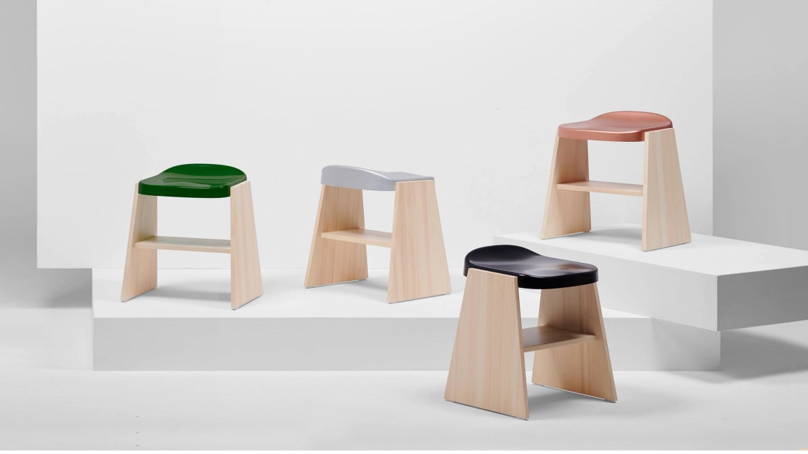 Mattiazzi Fronda Low Stools with Natural Pine Base and a color variety of seats.