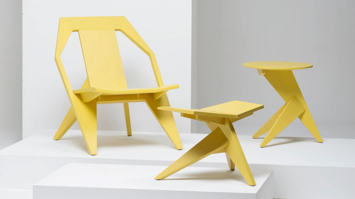 Medici Lounge Chair, Medici Stool and Medici Table by Mattiazzi in yellow.