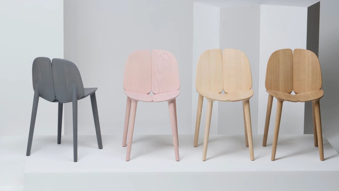 Mattiazzi Osso Chairs on gray, light pink and natural ash colors.