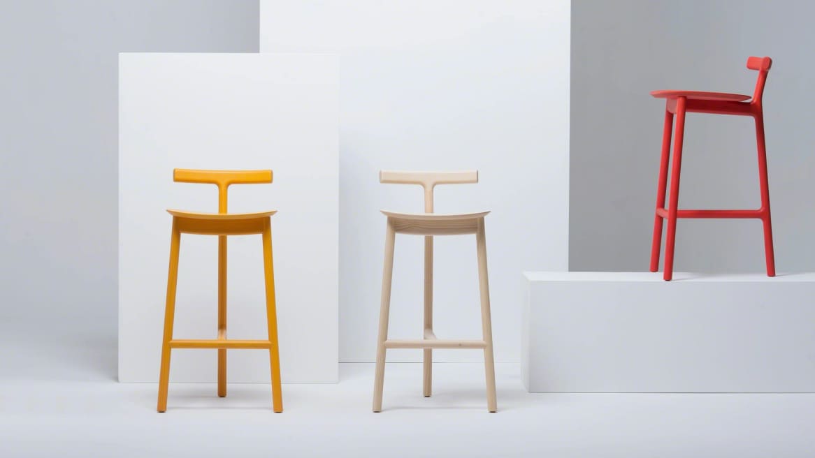Radice Counter Stool on red, natural and yellow ash