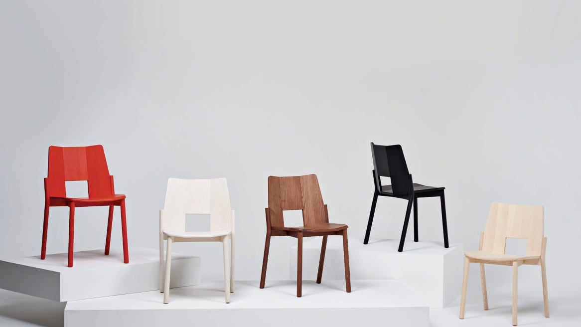 Tronco Chairs on red, white, black, walnut and natural ash on white background