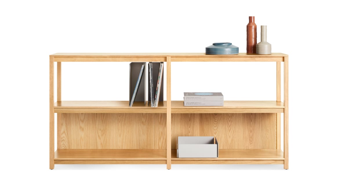 open plan bookcase with stuff on it
