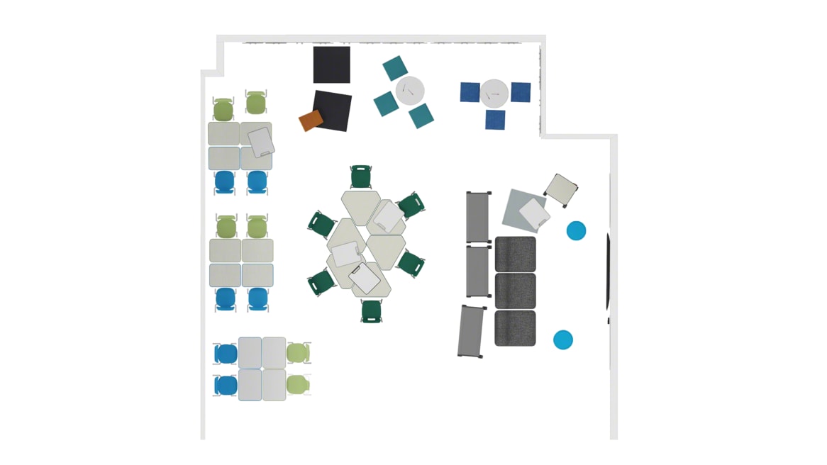 Smith System Oodle, Smith System Flavors Chair, Smith System Interchange Desk, Smith System Cascade Storage, Smith System Cascade Teacher Desk, Smith System Soft Rocker, Steelase Turnstone Campfire, Steelcase B-Free Cubes, Polyvision Flow