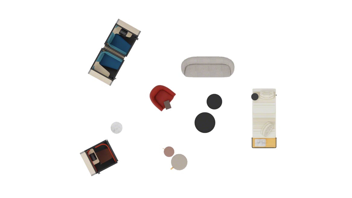 Orangbox On the QT, West Elm Slope Stool, Commune Tierra Chaise Lounge, Wendelbo Cornet Sofa, Wendelbo Lobby Armchair, Wendelbo Poller Coffee Table, Bolia Grab Pouf, Steelcase Flex Mobile Power, Grado Doric Table