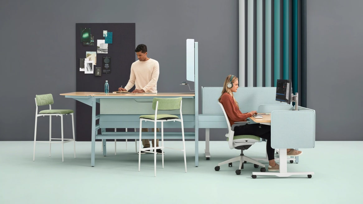 two people working with bivi desking system