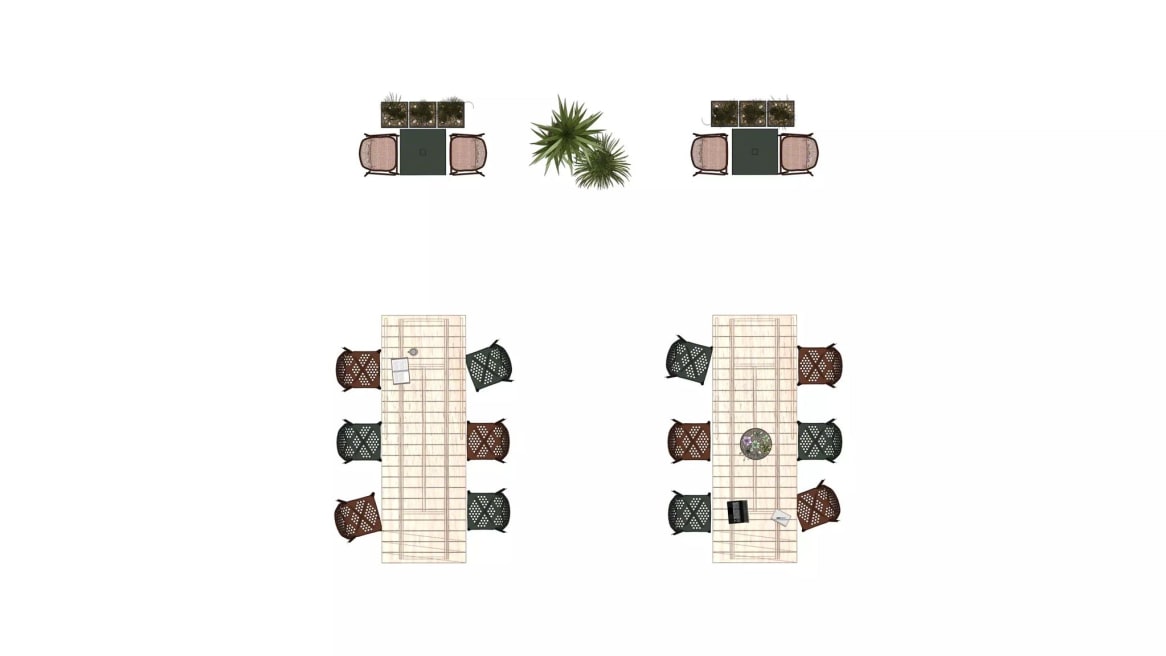 Coalesse Emu Pattern, Coalesse Round Table, Coalesse Round Stool, Extremis Pontsun Table