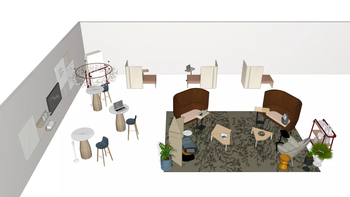 Render of a big social space with products such as Clipper screens, virtual PUCK, massaud seating, Enea stools, Lagunitas chair and table, Bassline tables, Nanimarquina shadows rug