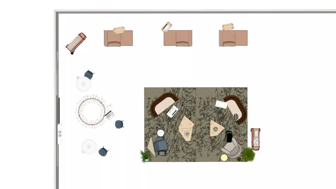 Render of a big social space with products such as Clipper screens, virtual PUCK, massaud seating, Enea stools, Lagunitas chair and table, Bassline tables, Nanimarquina shadows rug