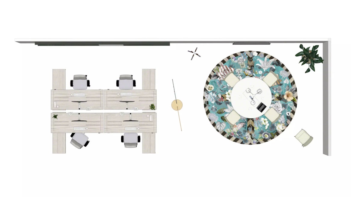 Turnstone Simple Chair, Turnstone Simple Chair Seat cushion, Volley Dual monitor, Steelcase Flex Stand, Steelcase Flex Screen - freestanding, Steelcase Flex markerboard, Steelcase Flex wall rail-package, Steelcase Verlay table, Steelcase Think Chair, Steelcase Universal storage, Steelcase Migration, Blu Dot Splash coat rack, FLOS AIM pendant, Moooi Malmaison Aquamarine round rug, SageGreenLife Verdanta Flourish Living Wall