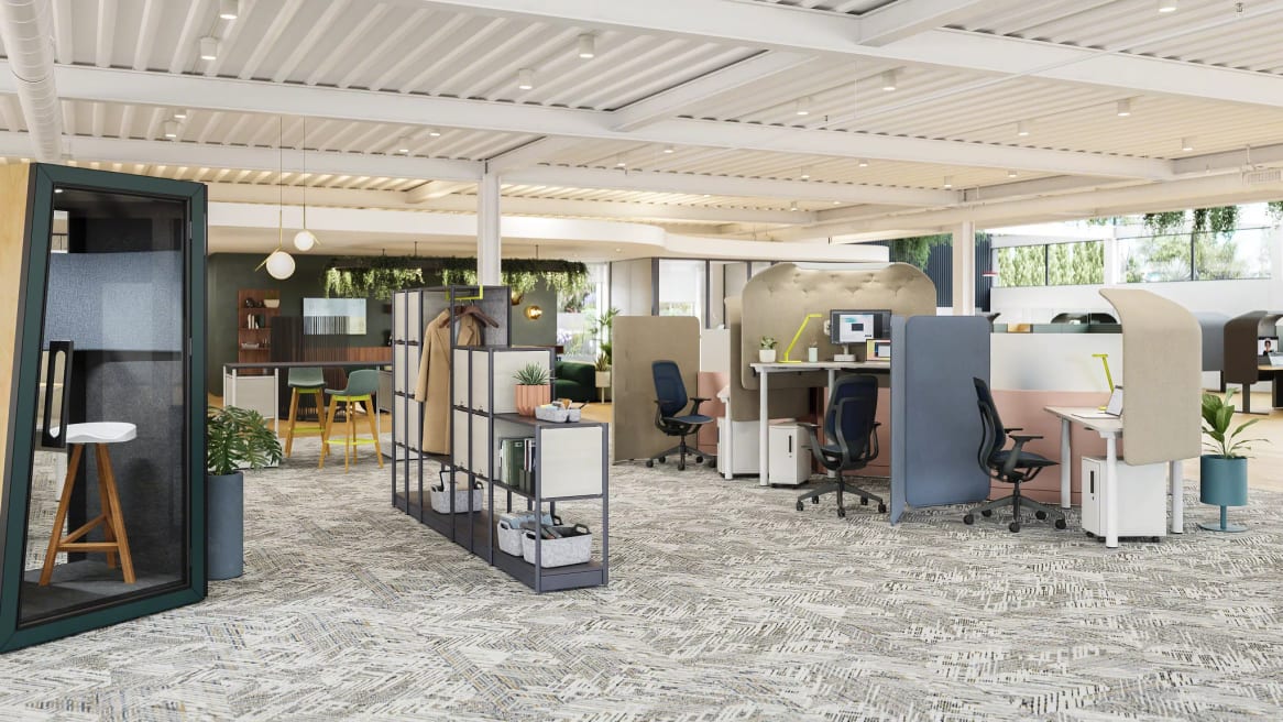 Hybrid collaborative space design including meeting pods, room dividers, and solo work areas