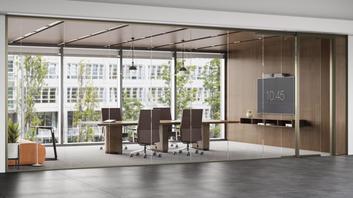 conference room with convene table, glass walls and 4 office chairs