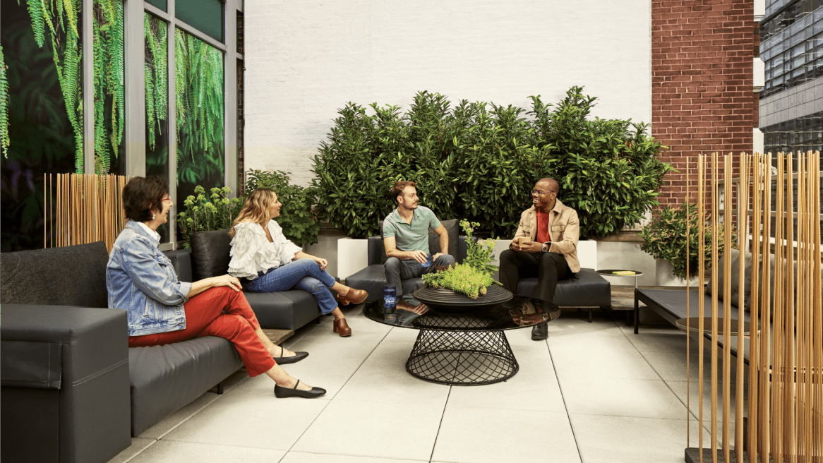 People socialising on the New York WorkLife Terrace