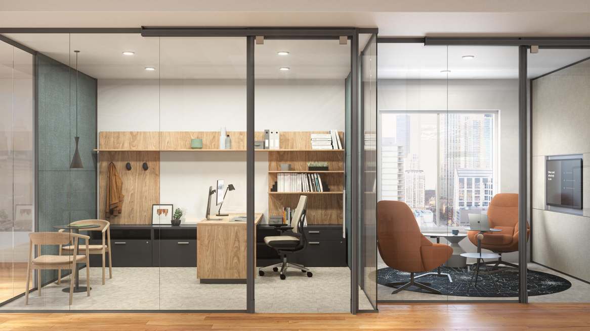 This image shows a Currency, Slim Leg HAD, and Elective Elements private office.