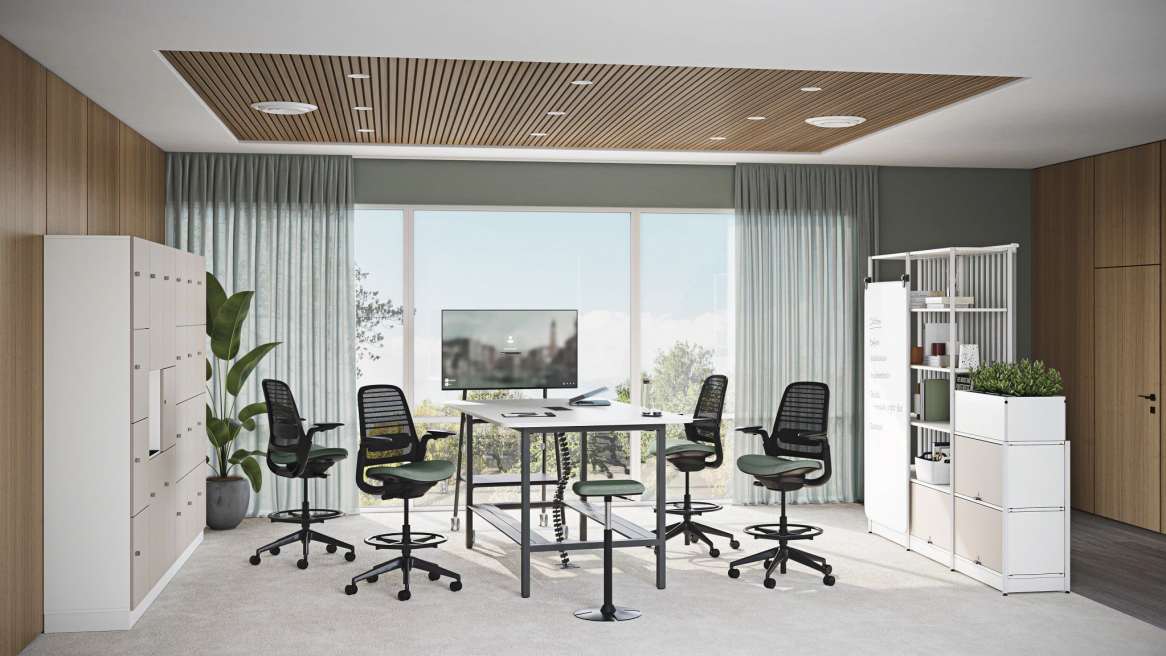 Steelcase FrameFour Bench in collaborative office space environment