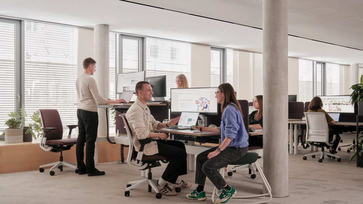 Steelcase Flex Rocker Stool with Think Chairs and Possilio desks in an office environment