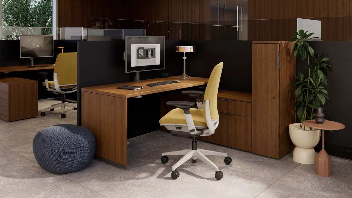 Private space in dark colors and yellow leap chair