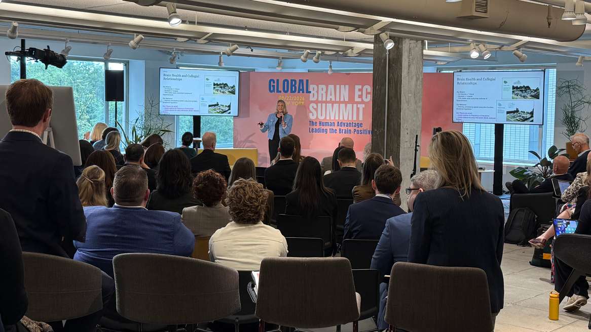 Dr. Tracy Brower presents at the 2026 Global Brain Economy Summit at the Steelcase Worklife Center in New York, New York.