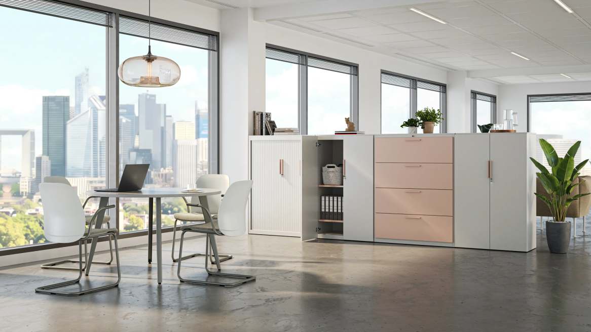 Steelcase Series M Side Chairs and Universal Lockers in office environment