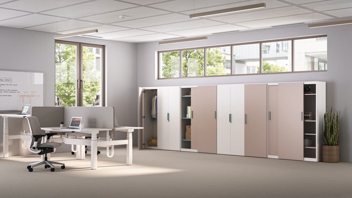 Universal Storage collection featuring office cabinets, filing drawers, and enclosed storage solutions for workplace organization and flexible office environments.