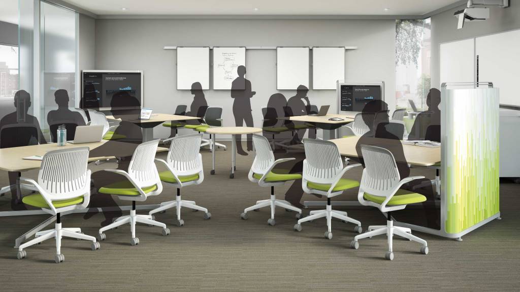 The unique furniture configuration supports varied sightlines and activities throughout the class period, keeping content relevant and maintaining attention.