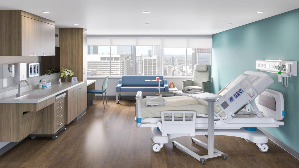 Picture of patient room with hospital bed, sofa, chair and counter space with sink.