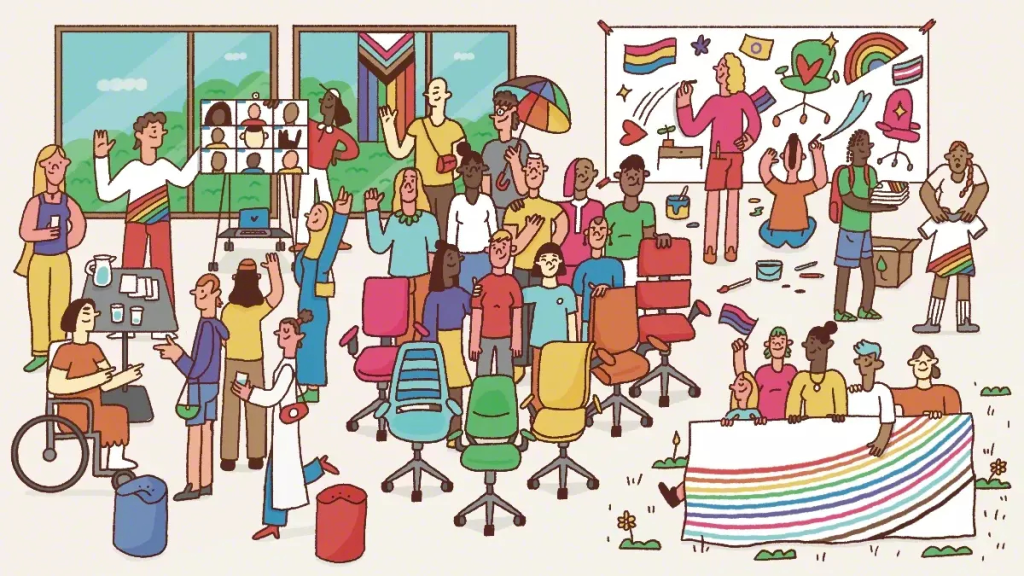 Colorful illustration featuring colleagues participating in a variety of Pride Month activities, including virtual learning opportunities, Pride mural artwork, rainbow chair displays, and marching in a Pride parade.