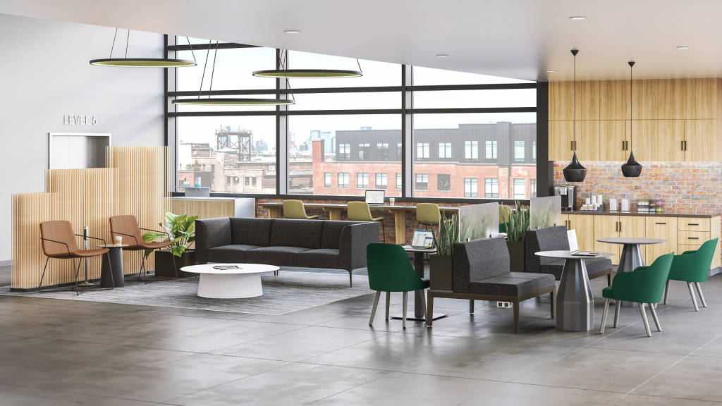 Picture of medical waiting area with tables, chairs, couches and large window.