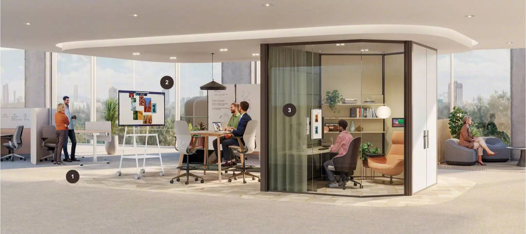 Hybrid workplace with collaborative meeting areas, presentation spaces and enclosed rooms supporting in-person and virtual teamwork.