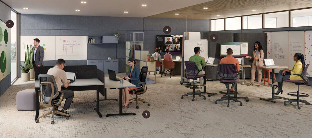 Flexible Steelcase workplace featuring individual workstations, collaborative meeting areas, digital whiteboards, and hybrid meeting technology
