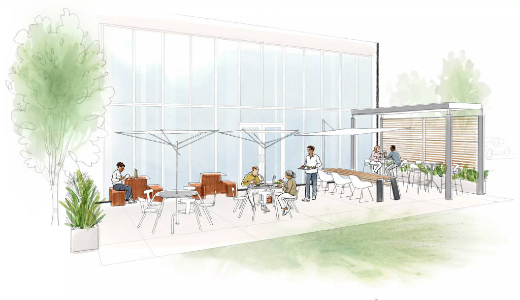 Outdoor spaces that offer shade and furniture give people a place to eat, relax or get some fresh air. Walking paths and areas for activities like volleyball or basketball encourage movement and exercise. Ideally, these spaces should be located near a main cafeteria or social area people already visit.