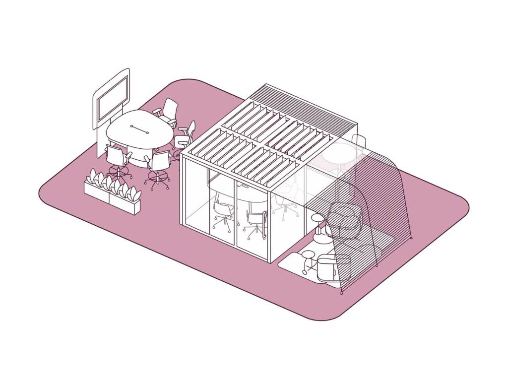 Workplace design concept combining collaborative spaces, enclosed meeting rooms, and lounge areas to support hybrid work, privacy, and team interaction.