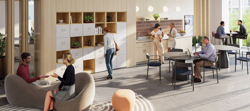 Steelcase flexible workplace social space combining café-style collaboration, lounge seating, touchdown work areas, and amenities that foster employee engagement and spontaneous interactions.