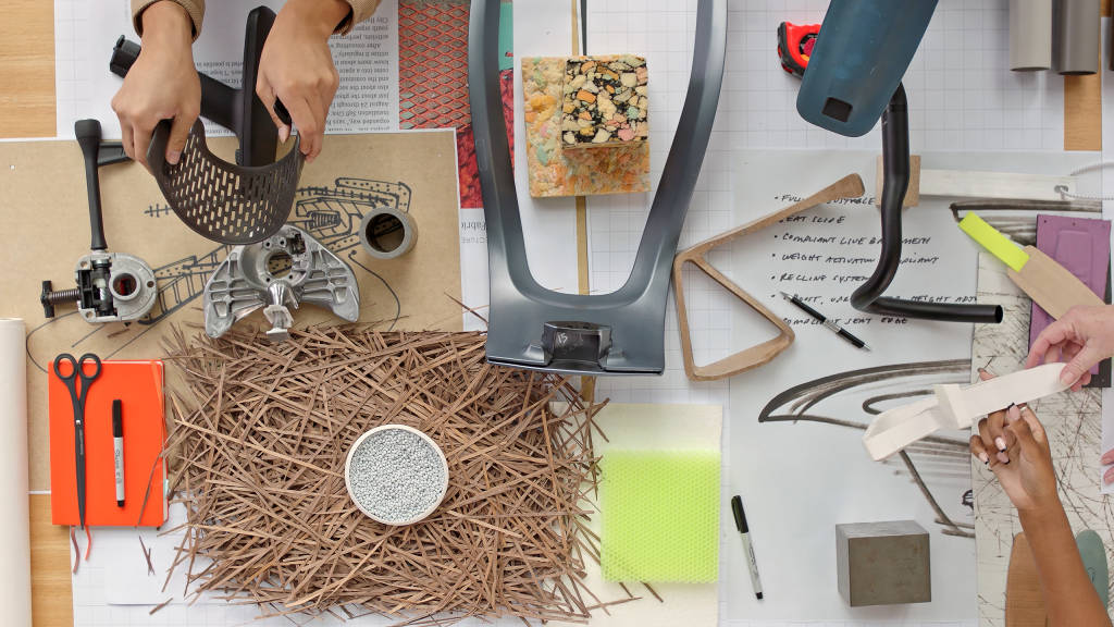 Sustainable product design process with recycled materials, circular manufacturing components and eco-friendly workplace furniture development