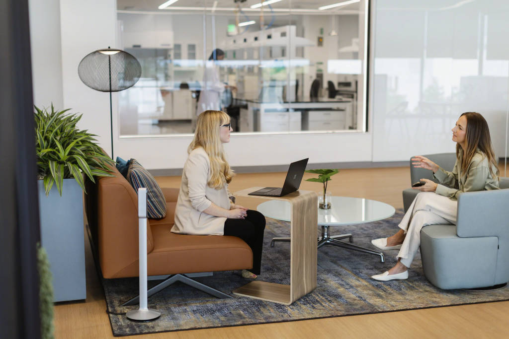 Products Shown: Coalesse Sistema Lounge, Coalesse SW_1 Table, Steelcase Thread Power Hub, Steelcase Jenny Lounge Chair, Steelcase Campfire Personal Table, Moooi Mr2 Floor Lamp
