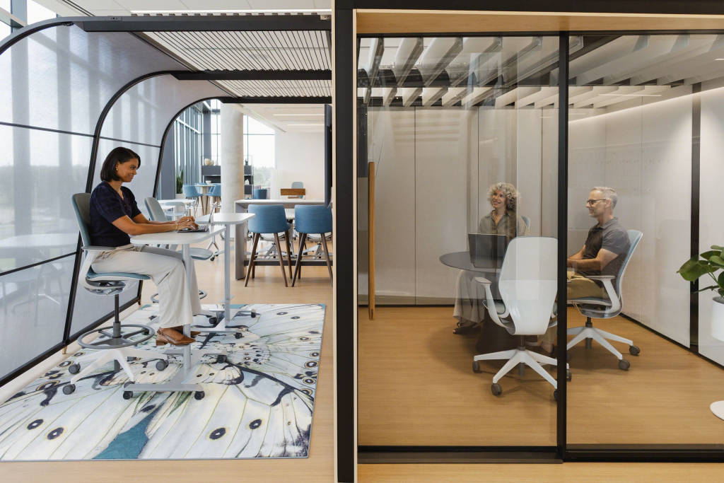 Products Shown: Steelcase Campers and Dens, Steelcase SILQ Chair and Stools, Viccarbe Cambrio Table, Steelcase Flex Single Table, Moooi Mimesis Hibiscus Trinium rug