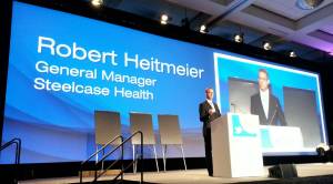 Rob Heitmeier, the general manager of Steelcase Health, welcomed the audience of over 2,000 people to the opening ceremony of HCD '14, and introduced the keynote speaker Erik Wahl.