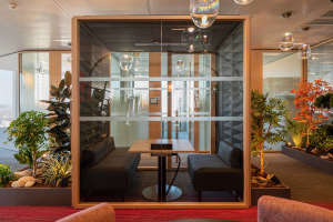 Espacio de trabajo multifuncional con salas de reuniones privados con estiloindustrial y elementos decorativos y naturales.